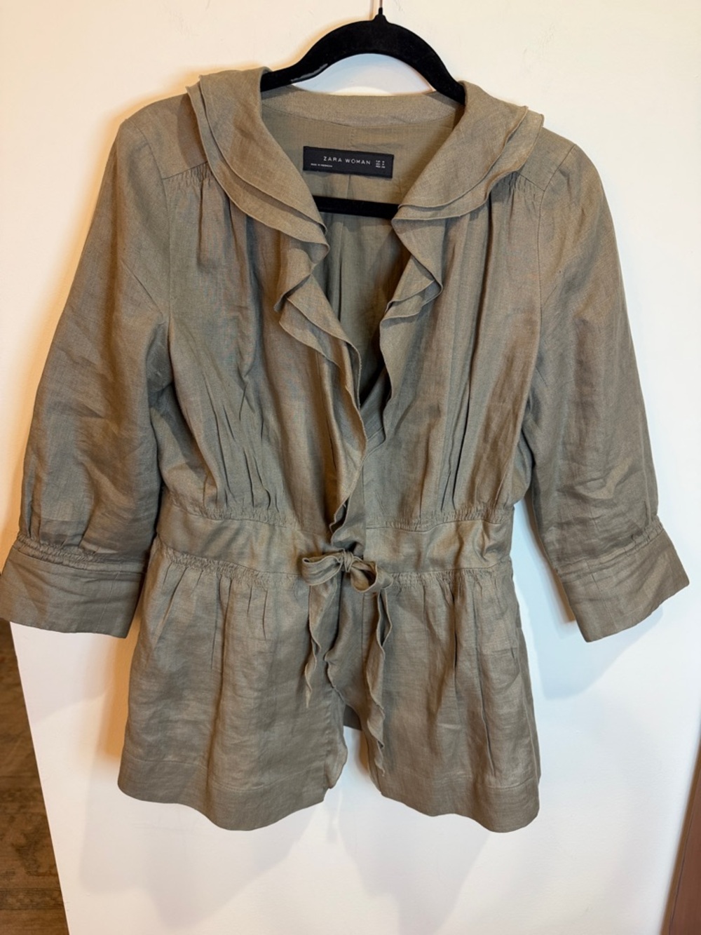 Zara Woman Olive Tie-Waist Flax (Linen) Ruffle Jacket, M